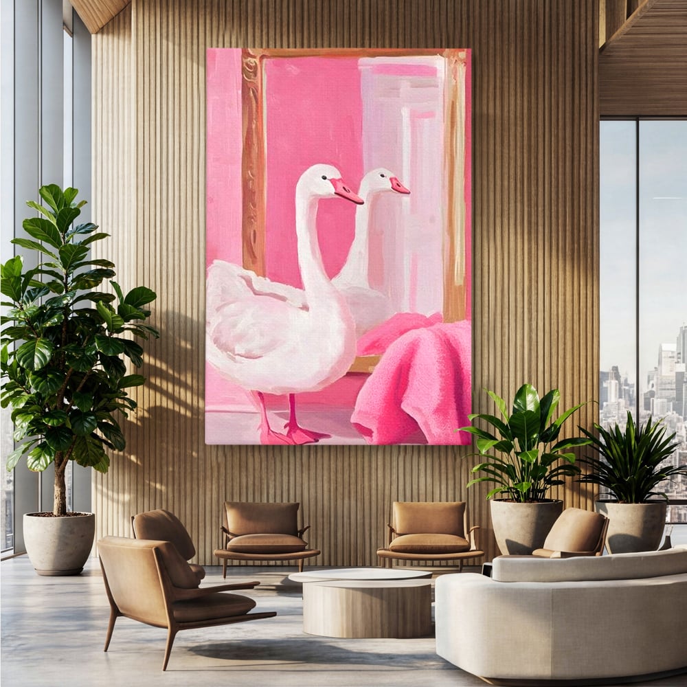 Tablou canvas cu tablou canvas cu lebada in oglinda, fara rama, pe sasiu de lemn, pe perete intr-un birou